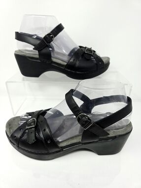 Dansko Women's 38 7 Black Strappy Wedge Sandals Comfort Clog Ankle Mary Jane